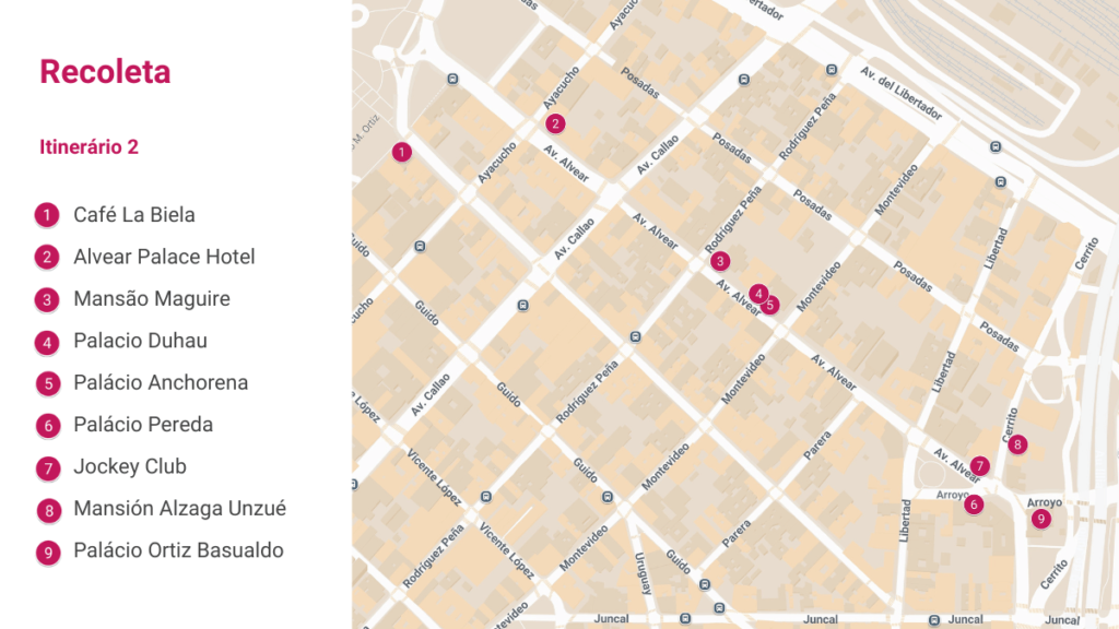 Mapa da Recoleta, itinerário 2 no Bairro da Recoleta em Buenos Aires, passando pelo Café La Biela, Alvear Palace Hotel, Mansão Maguire, Palácio Duhau, Palácio Anchorena, Palácio Pereda, Jockey Club, Mansión Alzaga Unzué e Palácio Ortiz Basualdo.