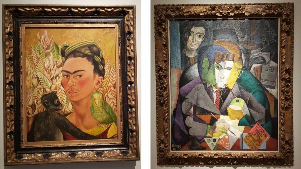 Quadros 'Autorretrato com Macaco e Papagaio' de Frida Kahlo e 'Retrato de Ramón Gómez de la Serna' de Diego Rivera, expostos no Museu Malba.