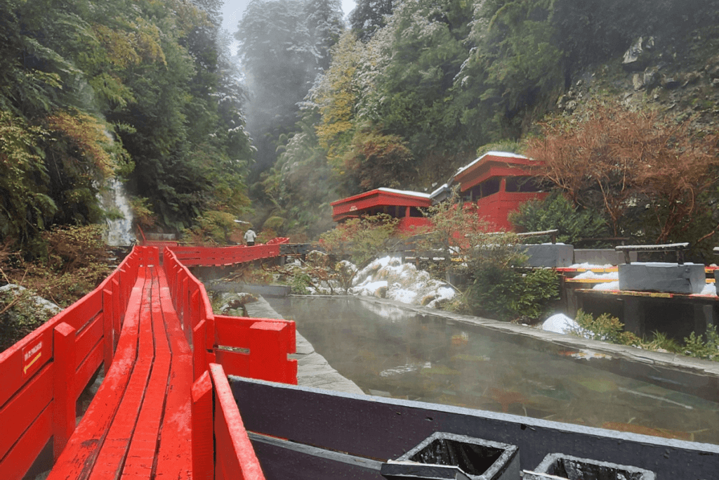 Piscinas termais nas Termas Geométricas cercadas por floresta no Parque Nacional Villarrica, Patagônia Chilena.