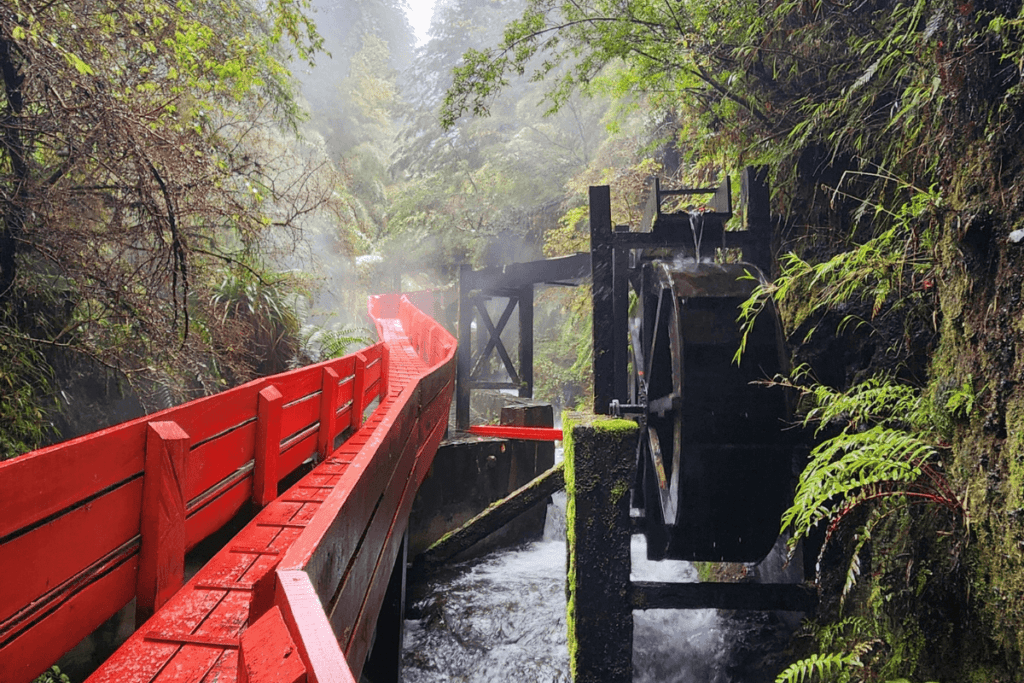 Passarelas de madeira vermelha nas Termas Geométricas integradas à natureza no Parque Nacional Villarrica, Patagônia Chilena.