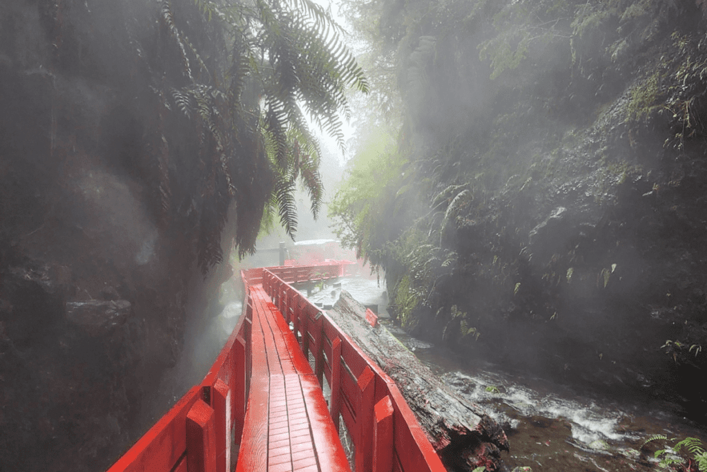 Passarelas de madeira vermelhas conectando as áreas das Termas Geométricas, cercadas por exuberante vegetação no Parque Nacional Villarrica, Patagônia Chilena.