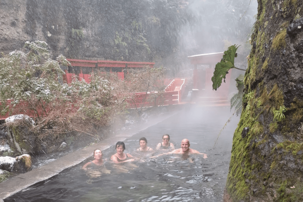 Grupo relaxando em uma piscina termal nas Termas Geométricas, cercados por natureza no Parque Nacional Villarrica, Patagônia Chilena.