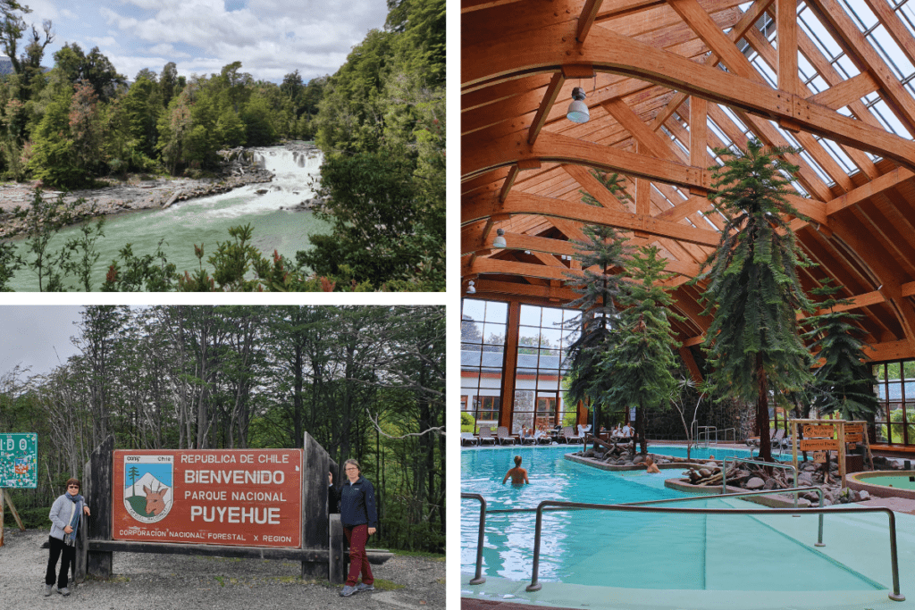 Piscinas termais ao ar livre nas Termas de Puyehue, cercadas por floresta na região dos Lagos, Chile.