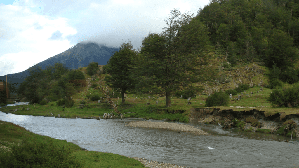 Paisagem natural dentro do Parque Nacional Fim do Mundo, com montanhas e vegetação típica da Patagônia.