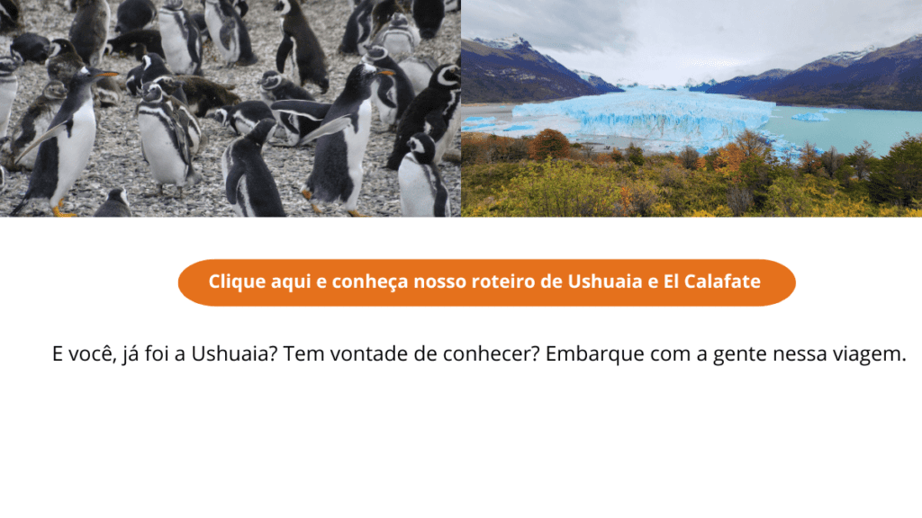 Montagem mostrando Ushuaia e El Calafate, destinos patagônicos populares em uma viagem conjugada.