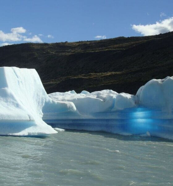 Grande bloco de gelo com formato interessante flutuando no Lago Argentino, refletindo tons de branco e azul conforme o sol incide sobre sua superfície.