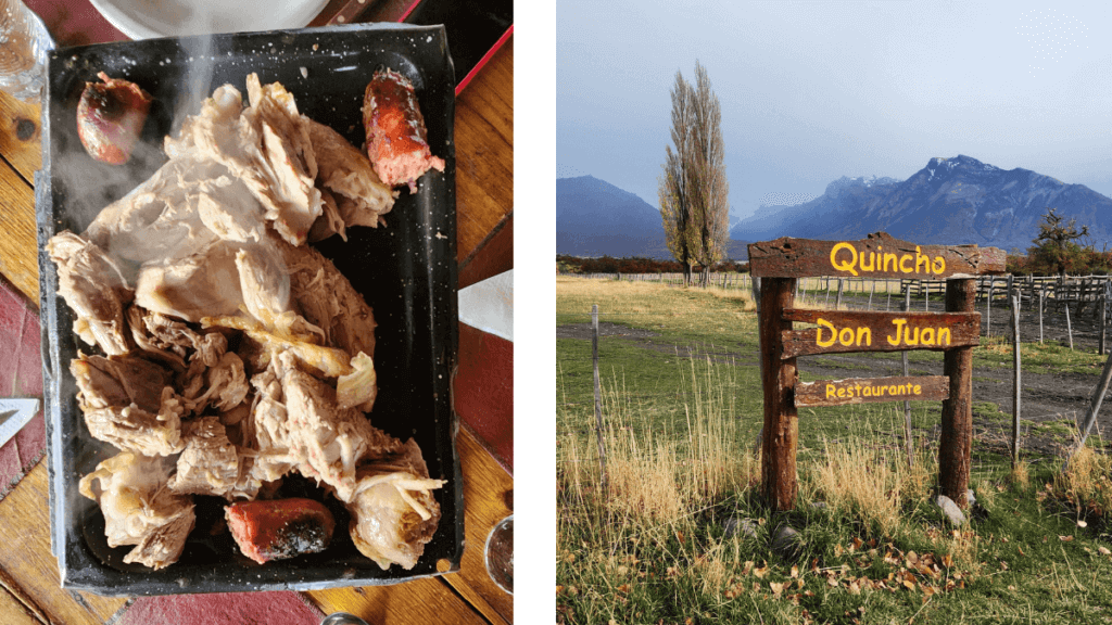 Cordeiro patagônico assado servido no almoço do restaurante da Estância Nibepo Aike, acompanhado por pratos tradicionais em um ambiente rústico e acolhedor.