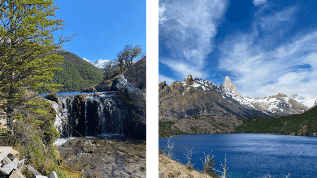 Cascata Chorrillo del Salto em El Chaltén, cercada por vegetação nativa e rochas, formando um cenário sereno que pode ser incluído na mesma viagem a El Calafate.