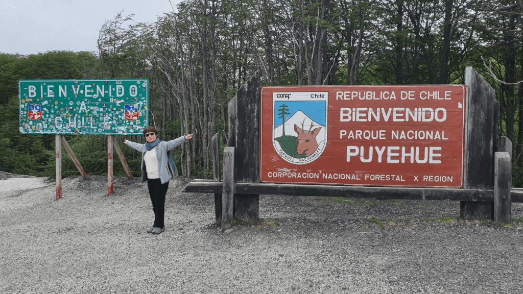 Paisagem de um roteiro entre Puyehue, no Chile, e Villa la Angostura, na Argentina, com montanhas, lagos e vegetação exuberante ao longo do trajeto do trajeto.