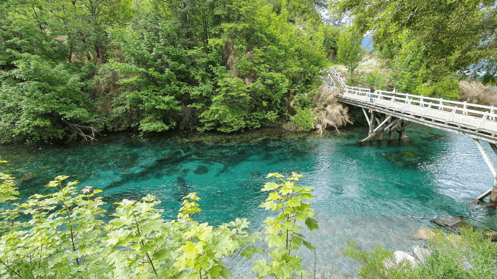 Rio Correntoso, com suas fortes correntes e paisagem deslumbrante, conectando o Lago Correntoso ao Lago Nahuel Huapi na Patagônia Argentina.