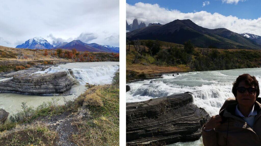 Montagem com duas imagens da Cascada Río Paine no Parque Nacional Torres del Paine, à esquerda no outono com vegetação dourada, e à direita no verão com vegetação verde
