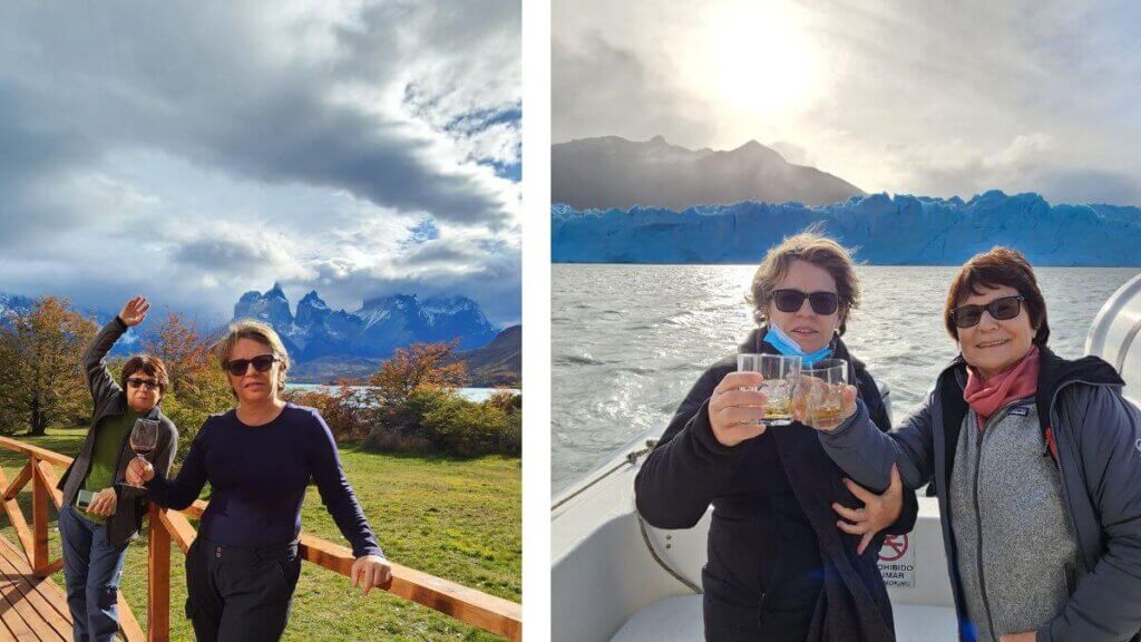 Montagem com os Cuernos del Paine no Chile à esquerda e o Glaciar Perito Moreno na Argentina à direita, dois ícones da Patagônia Austral