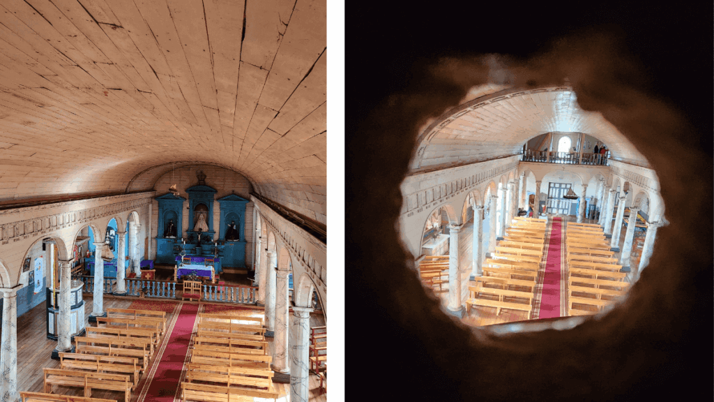 Furos de observação ocultos acima do altar na Igreja de Nercón em Chiloé, utilizados pelos jesuítas para monitorar discretamente os fiéis durante cerimônias religiosas