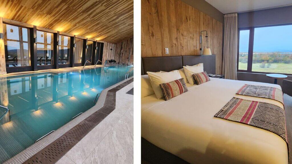 Montagem com duas imagens do Hotel Río Serrano: à esquerda, piscina coberta do spa com vista para a paisagem patagônica; à direita, interior de um quarto confortável e bem decorado