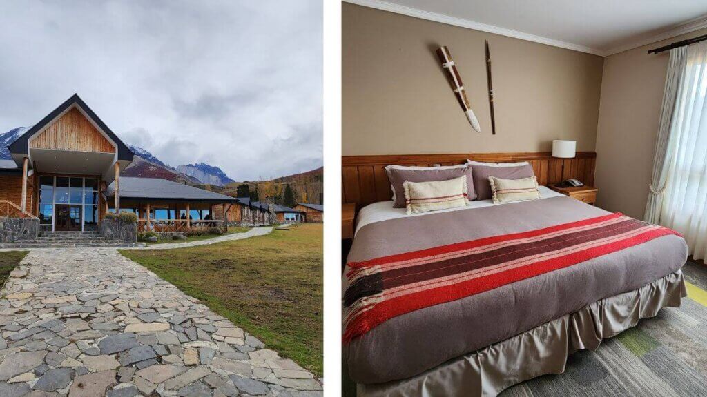 Montagem com duas imagens do Hotel Las Torres: à esquerda, a fachada do hotel cercada por paisagens naturais; à direita, um dos quartos confortáveis com decoração acolhedora