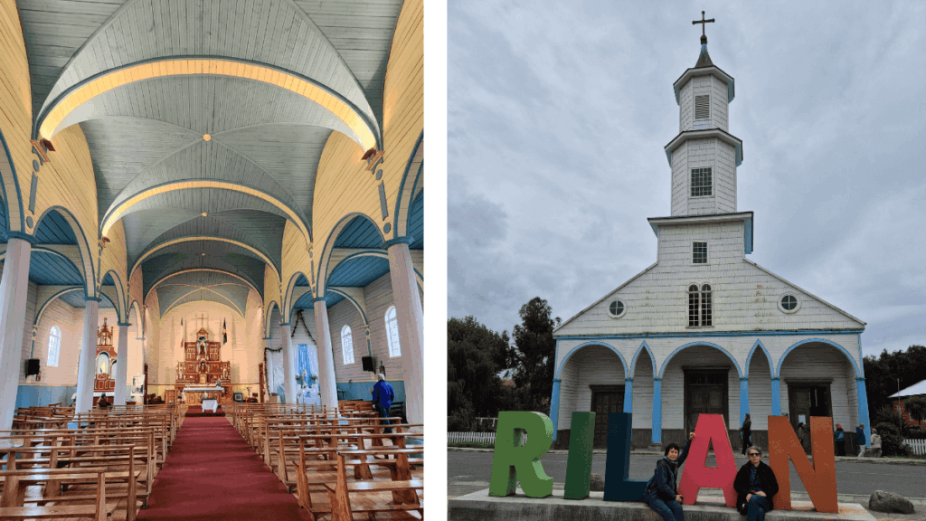 À esquerda, interior da Igreja de Rilán em Chiloé mostrando altar, colunas de madeira e teto abobadado; à direita, fachada completa da mesma igreja com sua torre, escadaria frontal e revestimento de tejuelas coloridas.