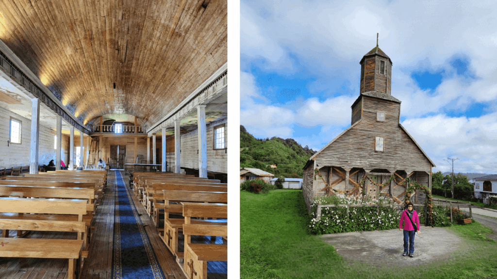 À esquerda, interior da Igreja de Ichuac com seu teto em forma de barco invertido; à direita, fachada tradicional da Igreja de Detif com torre única e tejuelas de madeira, ambas patrimônios religiosos menos visitados de Chiloé.