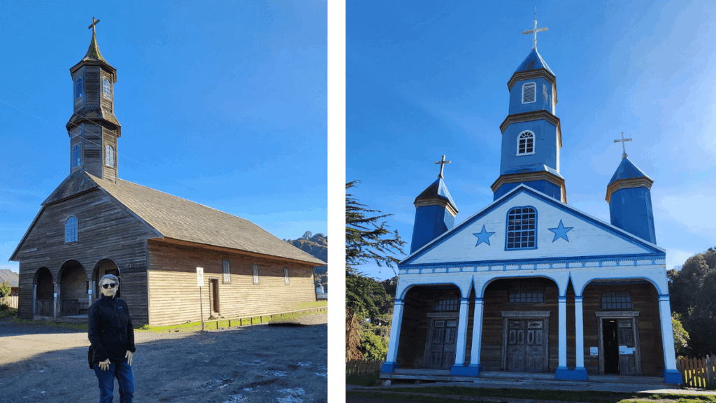 À esquerda, a Igreja de San Juan Bautista com sua torre central imponente; à direita, a colorida Igreja de Tenaún com seu característico trio de torres - ambas patrimônios UNESCO em Chiloé