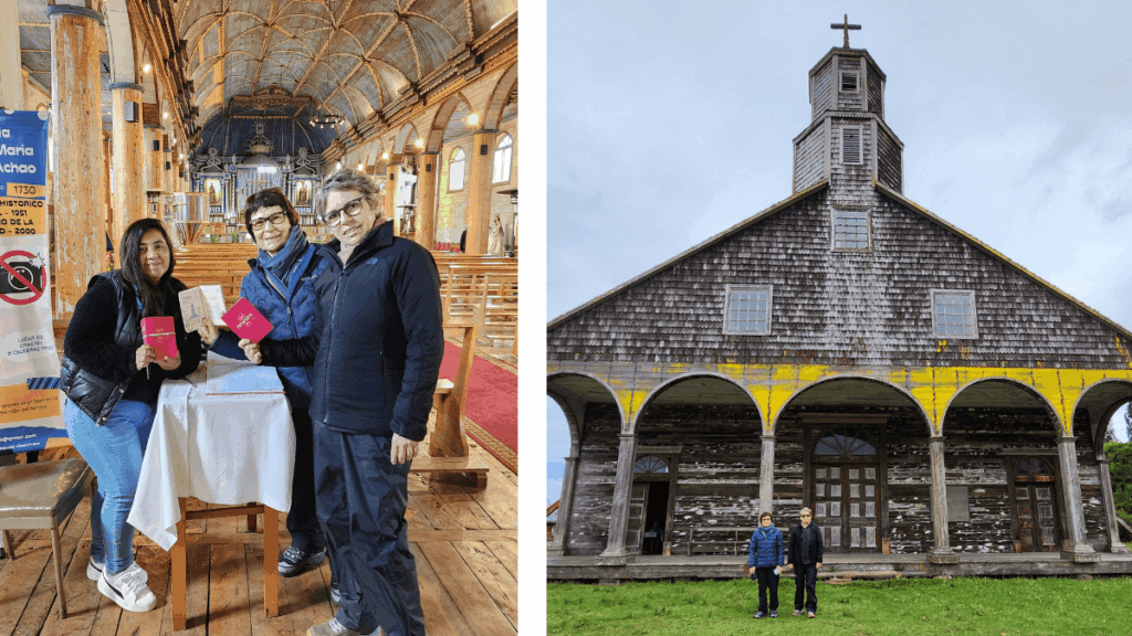À esquerda, interior da Igreja de Santa María de Loreto de Achao com o passaporte da Ruta de las Iglesias; à direita, fachada frontal da Igreja de Quinchao, ambas patrimônios UNESCO em Chiloé.