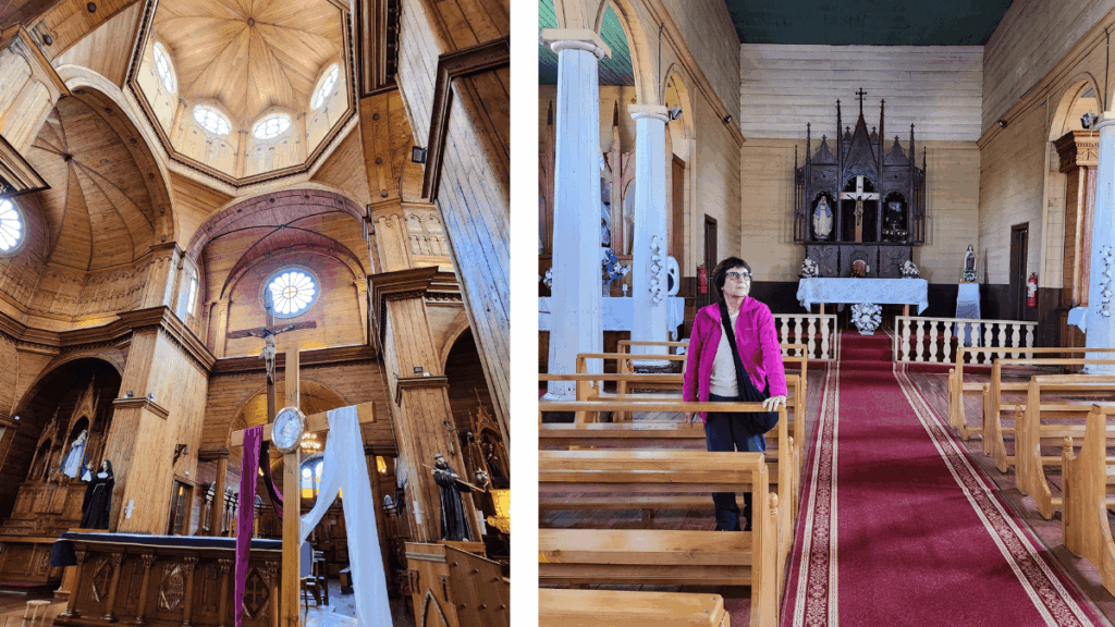 À esquerda, interior suntuoso da Igreja San Francisco de Castro com colunas e abóbada em madeira; à direita, interior rústico da Igreja de Vilupulli com seu teto em forma de barco invertido, ambas patrimônios UNESCO em Chiloé.