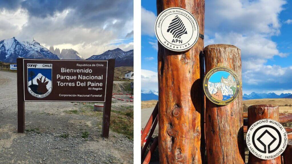 Montagem com duas placas de entrada: à esquerda, Parque Nacional Torres del Paine no Chile; à direita, Parque Nacional Los Glaciares na Argentina