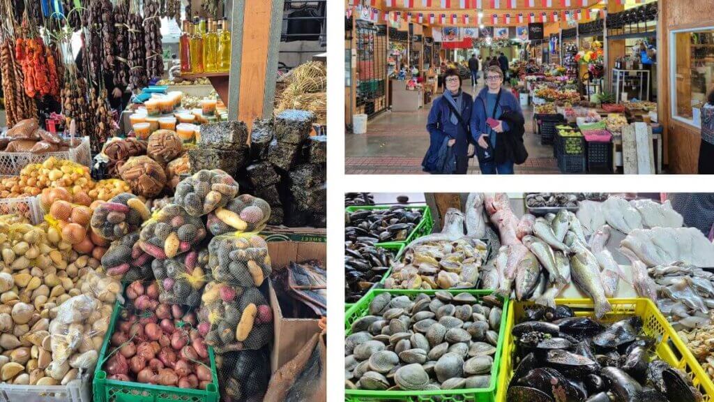 Bancas de mercado em Chiloé exibindo peixes frescos, batatas nativas, algas e outros produtos locais do mar e da terra.