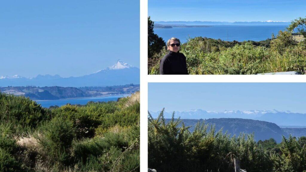 Foto composta com três paisagens distintas em Chiloé, todas mostrando o mar, o contorno da Cordilheira e vulcões do continente ao fundo.