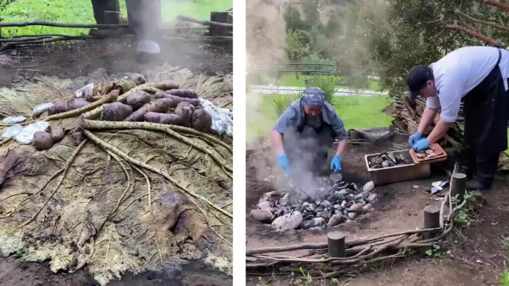 Curanto tradicional sendo preparado em um buraco no chão com pedras quentes, folhas de nalca e camadas de mariscos e carnes em Chiloé.