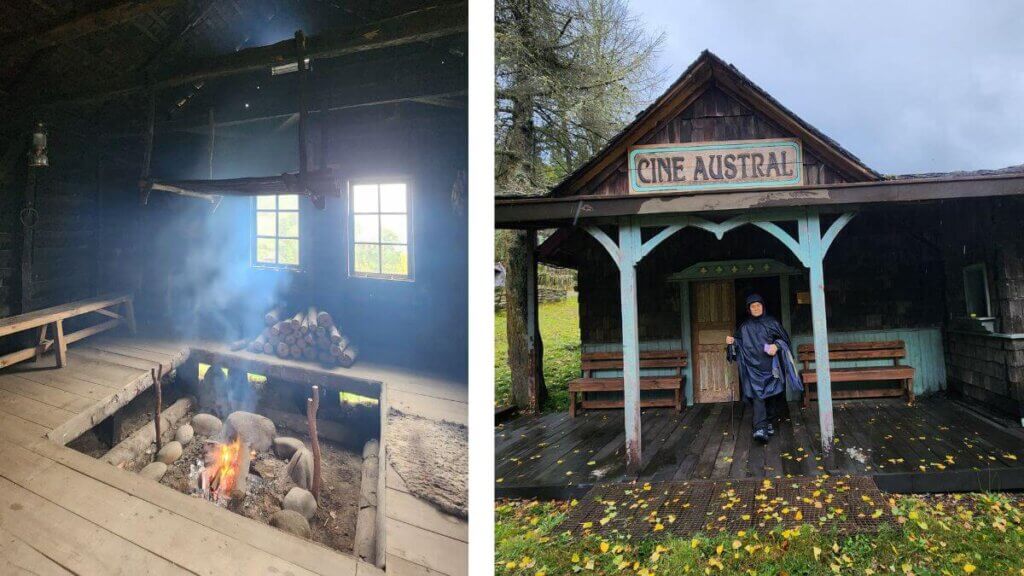 Casas tradicionais chilotas no Pueblito de Weltún em Chiloé, sob céu nublado e vento forte, compondo um cenário cultural único.