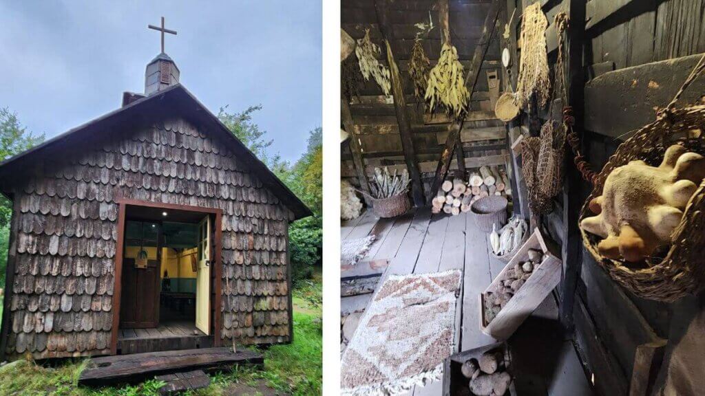 Foto dupla do Pueblito de Weltún em Chiloé: à esquerda, igreja com tejuelas de madeira; à direita, armazém tradicional chilote, ambos sob céu nublado.