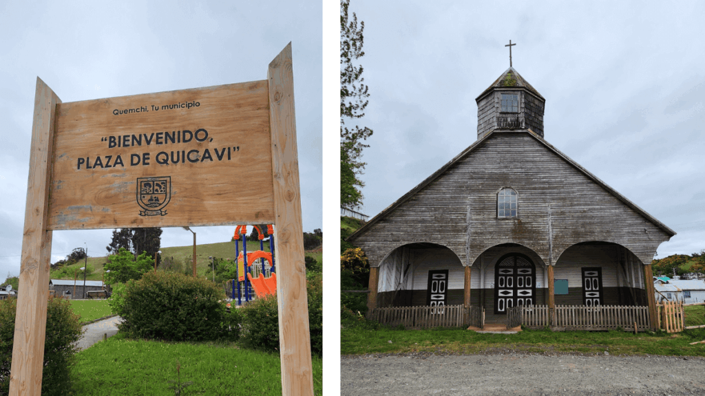 À esquerda, placa da praça de Quicaví marcando o centro de bruxaria La Mayoría; à direita, igreja do vilarejo onde lendas de bruxaria do imaginário chilota permanecem vivas até hoje