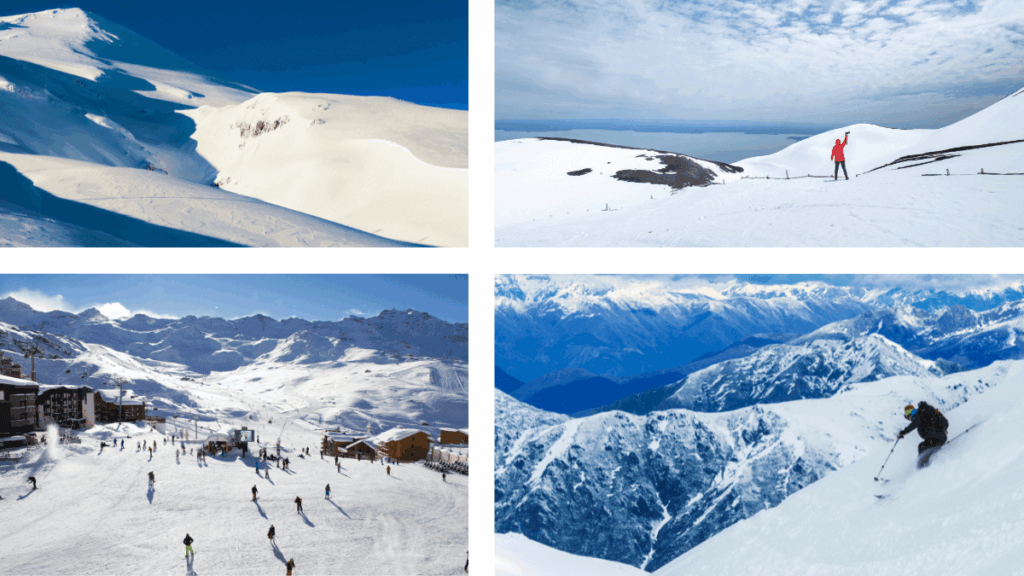 Montagem com quatro fotos de estações de esqui chilenas no inverno — todas cobertas de neve e vistas panorâmicas da Cordilheira dos Andes.