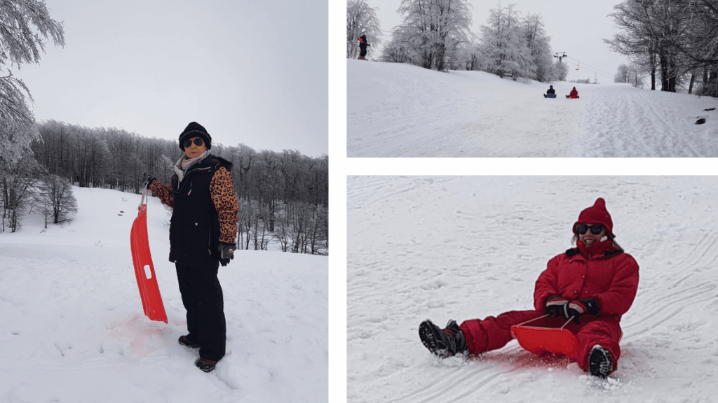 Descida de trenó na neve em Pucón, Chile, com paisagem de inverno ao redor da estação de esqui do Vulcão Villarrica.