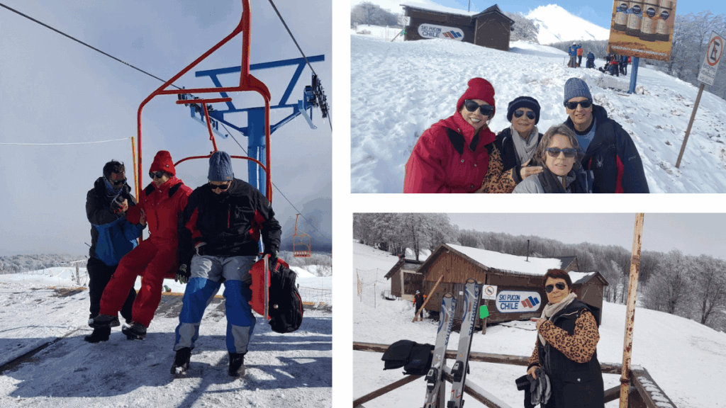 Montagem com três fotos na estação de esqui de Pucón: chegada do teleférico, grupo reunido na estação e pessoa com a placa da Estación Pucón ao fundo.