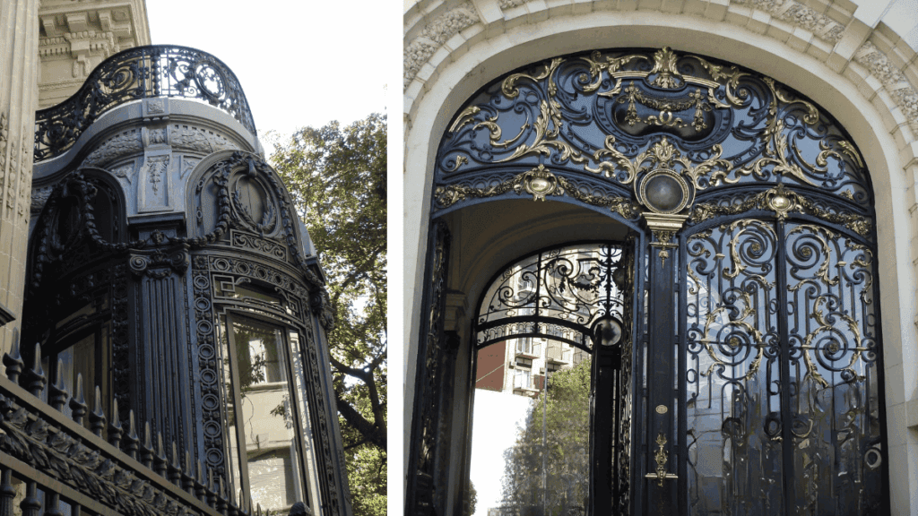 Montagem com detalhes em ferro dos Palácios de Buenos Aires, mostrando a varanda ornamentada do Palácio San Martín e o portão trabalhado do Palácio Paz.
